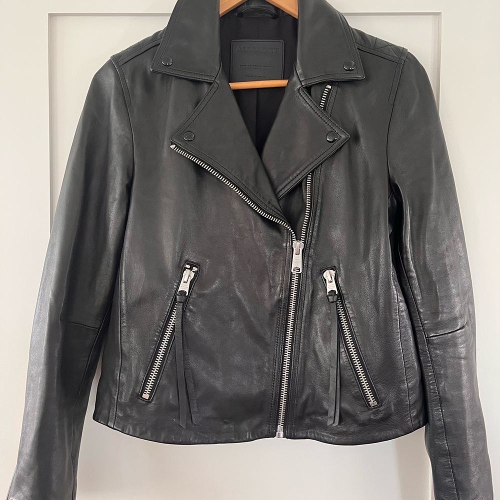 All Saints Black Leather Moto Jacket with Silver Hardware